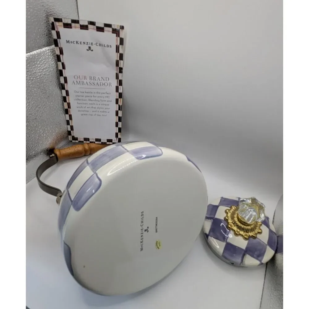 MacKenzie-Childs Violet Check 2 Qt Tea Kettle + 2 Mugs Purple Enamel New